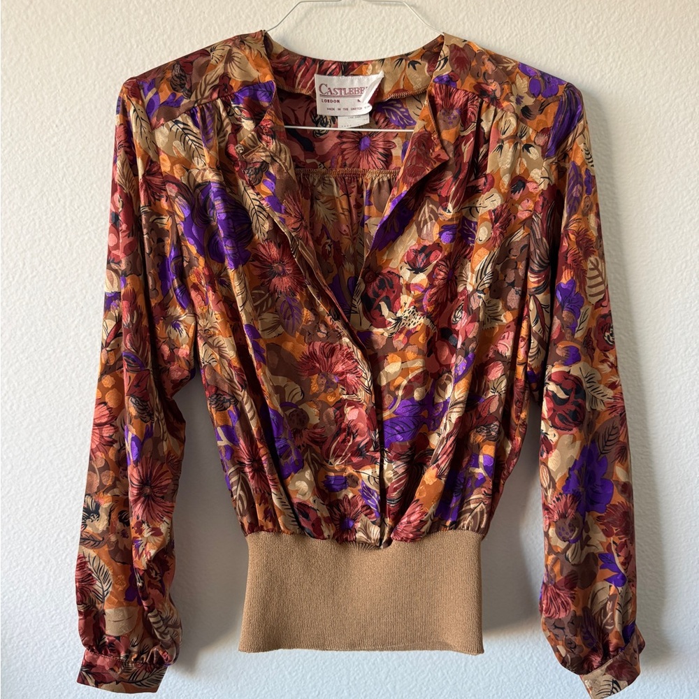 Castleberry Vintage SILK Women's Floral Blouse - Purple, Orange, Brown
